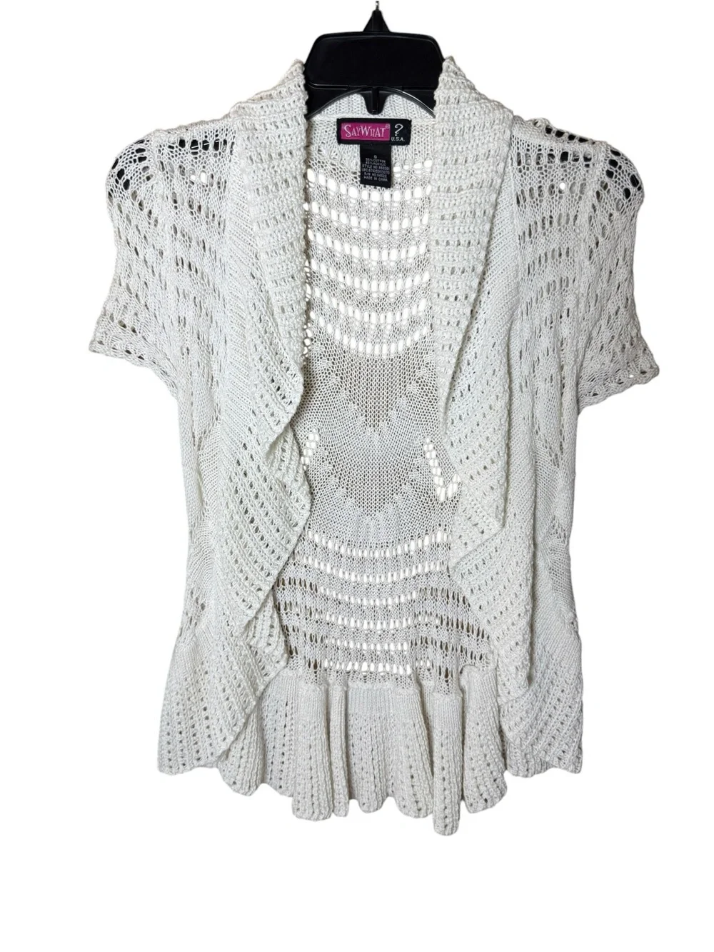 Say What? White Open-Knit Short Sleeve Draped Collar Boho Cardigan Size Small - Picture 2 of 6